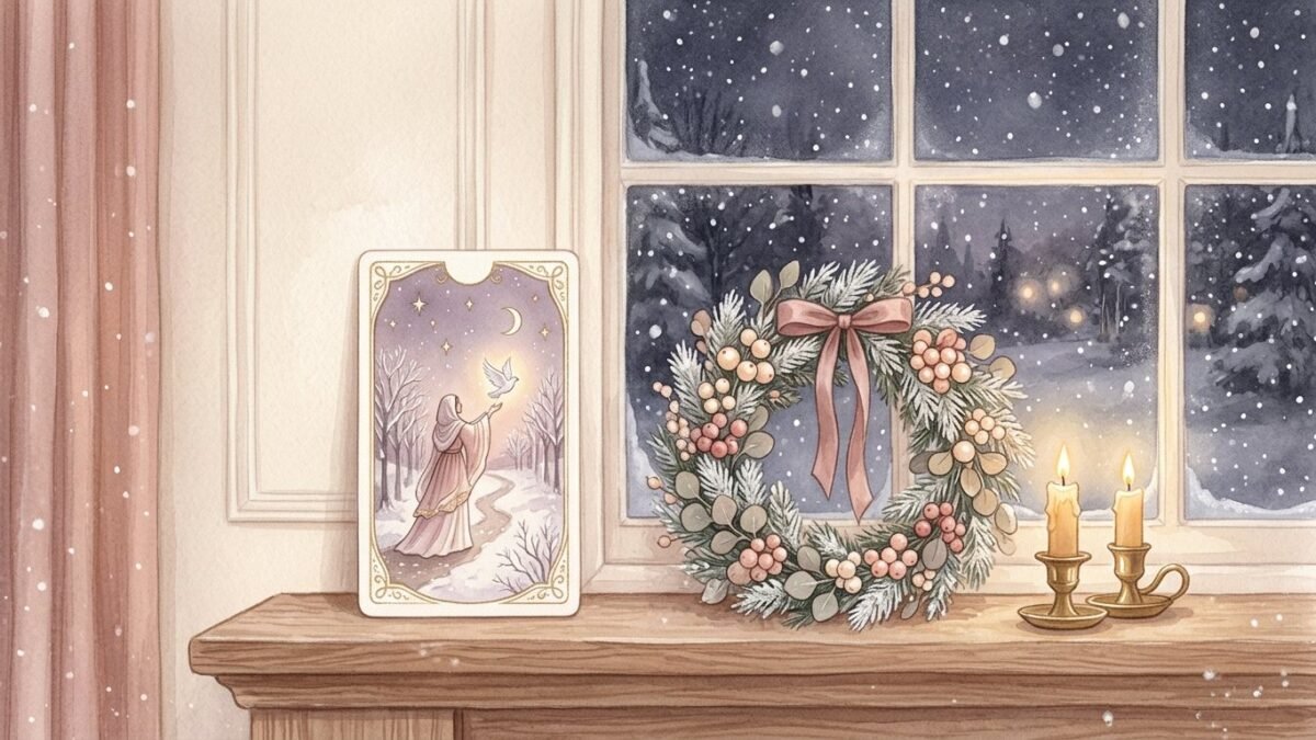 A single tarot card standing on a mantelpiece beside a small wreath and candles, snow falling outside the window, soft watercolour illustration