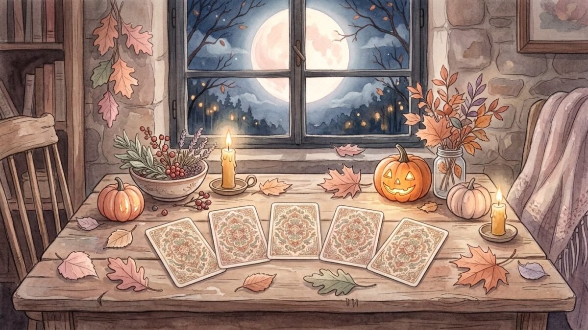 Five tarot cards in a gentle arc on an old wooden table with carved pumpkins, candles and autumn leaves under a pale moon, soft watercolour illustration