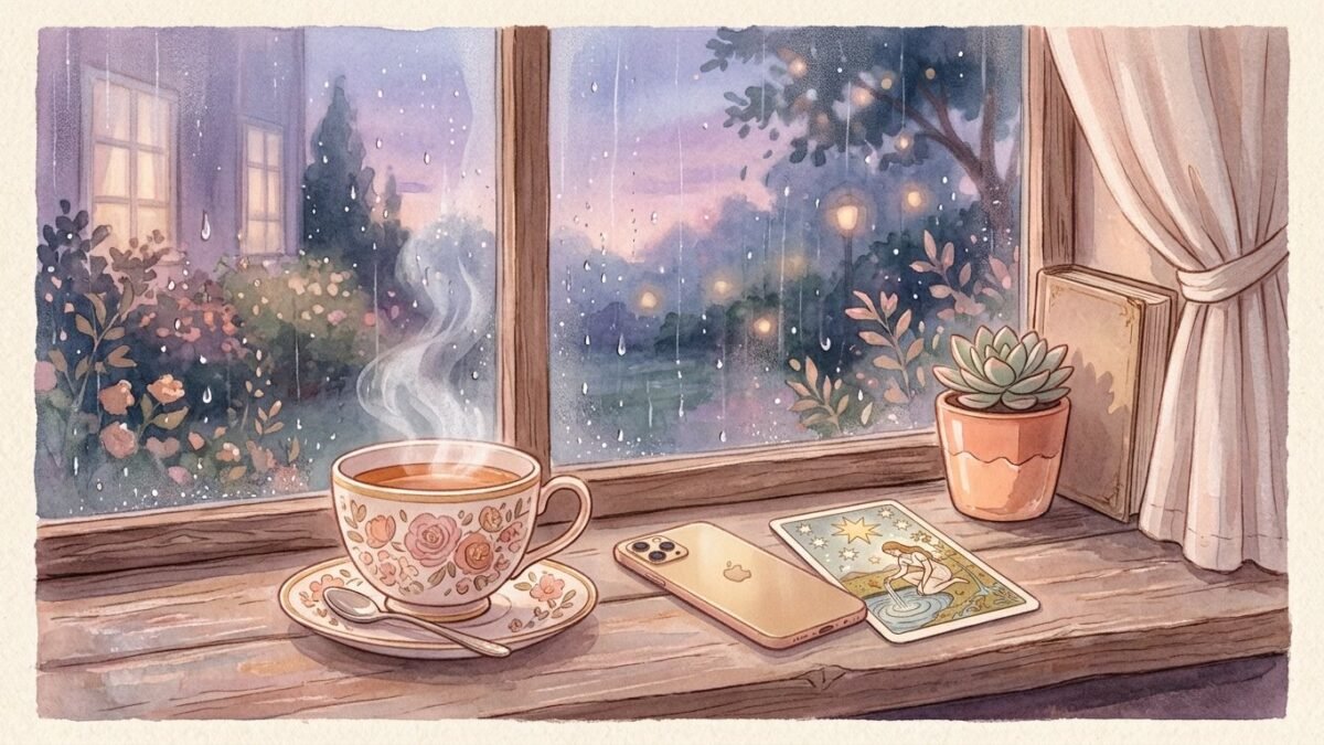 Cooling cup of tea on a windowsill at dusk beside a phone lying face down and a single tarot card, soft watercolour illustration