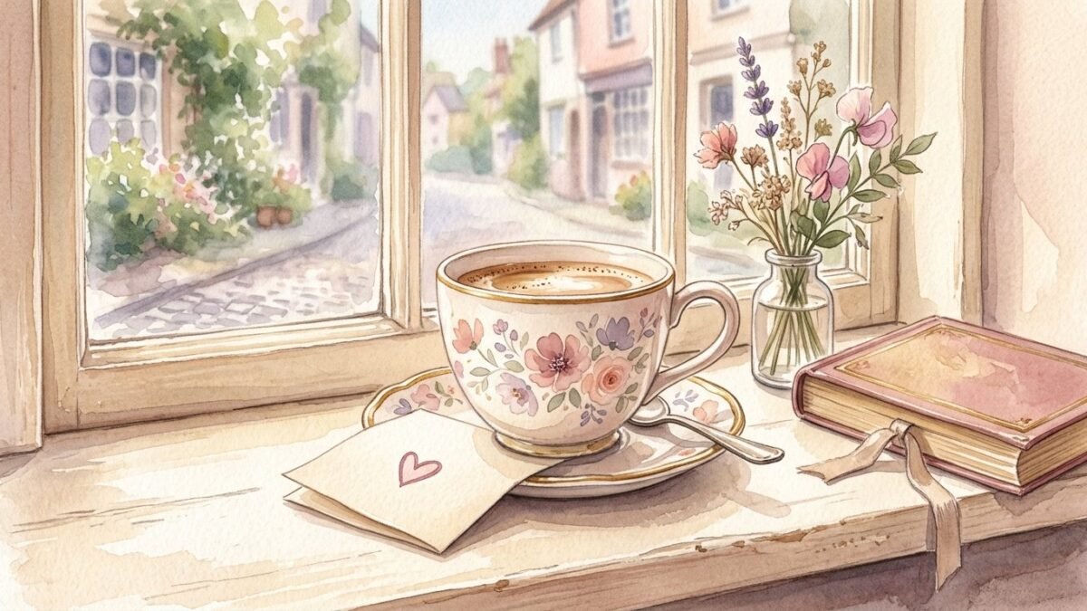 A folded note with a small doodled heart tucked under a coffee cup on a cafe windowsill, soft watercolour illustration