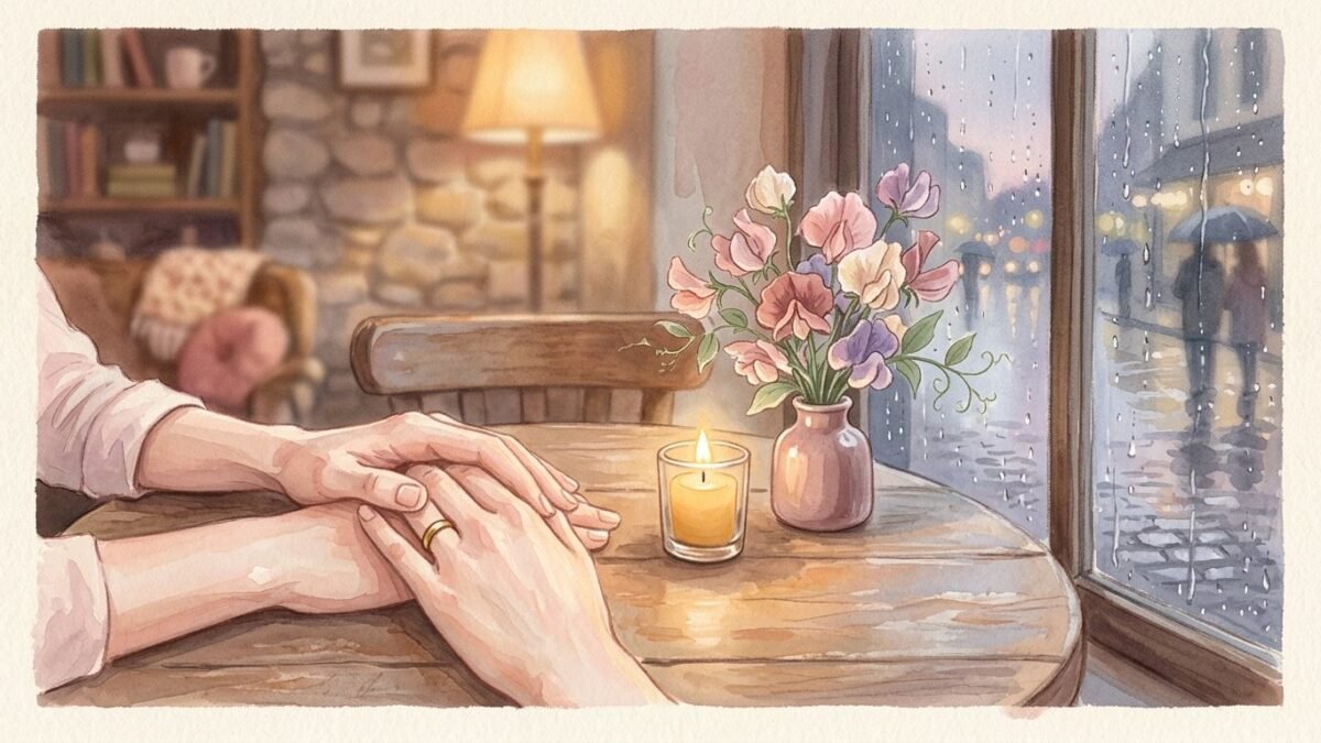 Hands resting together on a small cafe table, candlelight and a tiny vase of sweet peas, rain outside the window, soft watercolour illustration