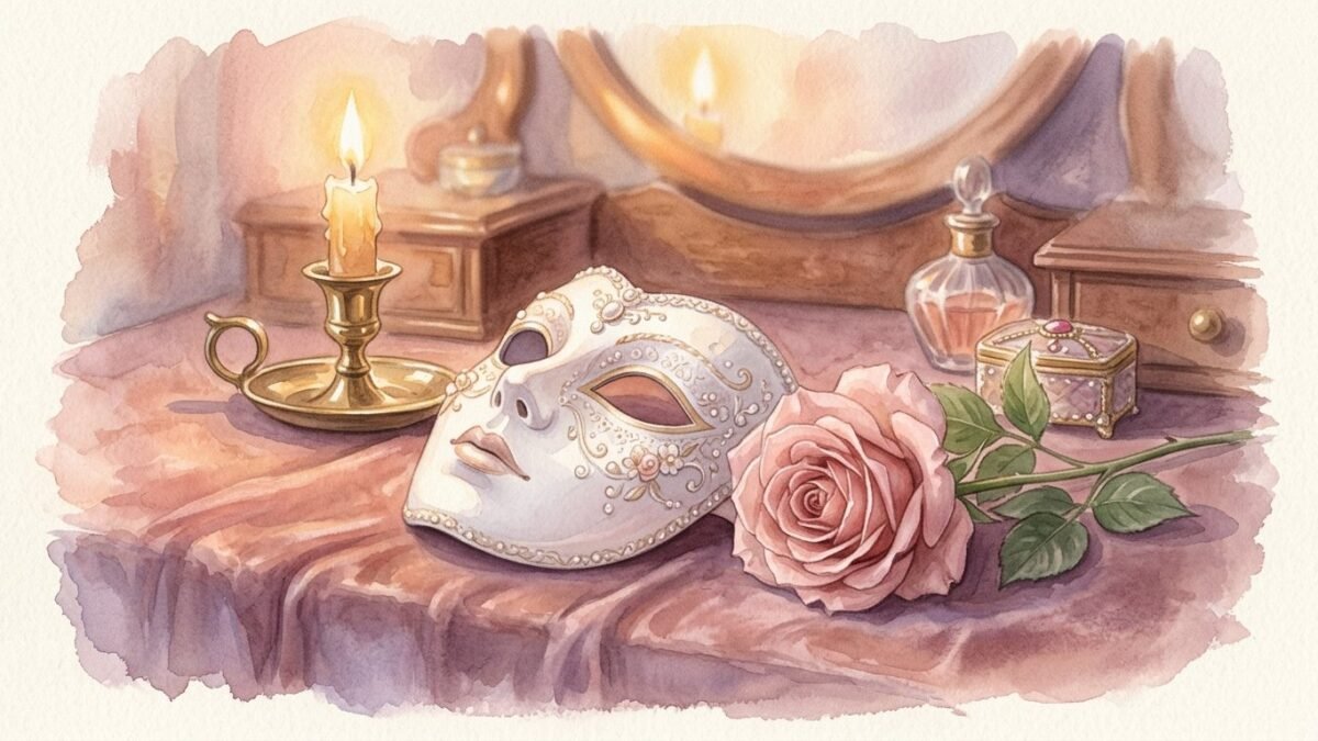 A delicate white porcelain mask lying beside a pink rose on a velvet dressing table, soft candlelight, soft watercolour illustration