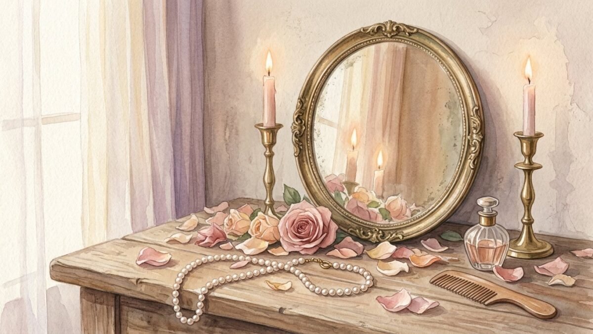 Two candle flames reflected in a round antique mirror on a dressing table with rose petals and pearls, soft watercolour illustration