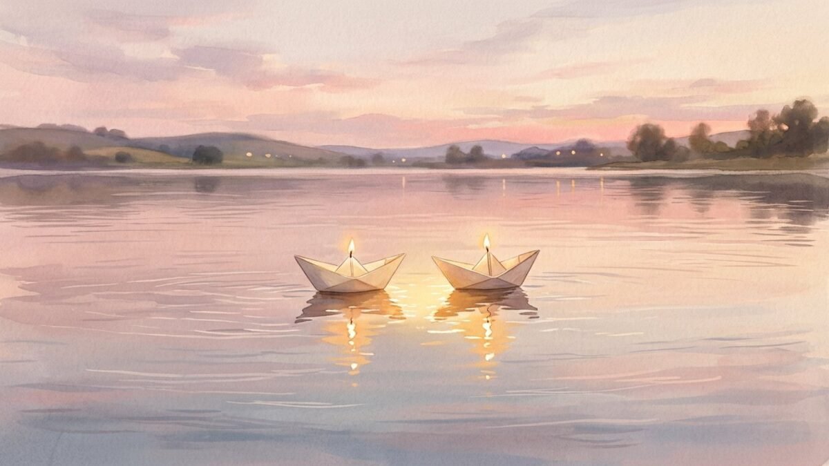 Two paper boats with tiny candles drifting toward each other on a calm lake at dusk, soft watercolour illustration