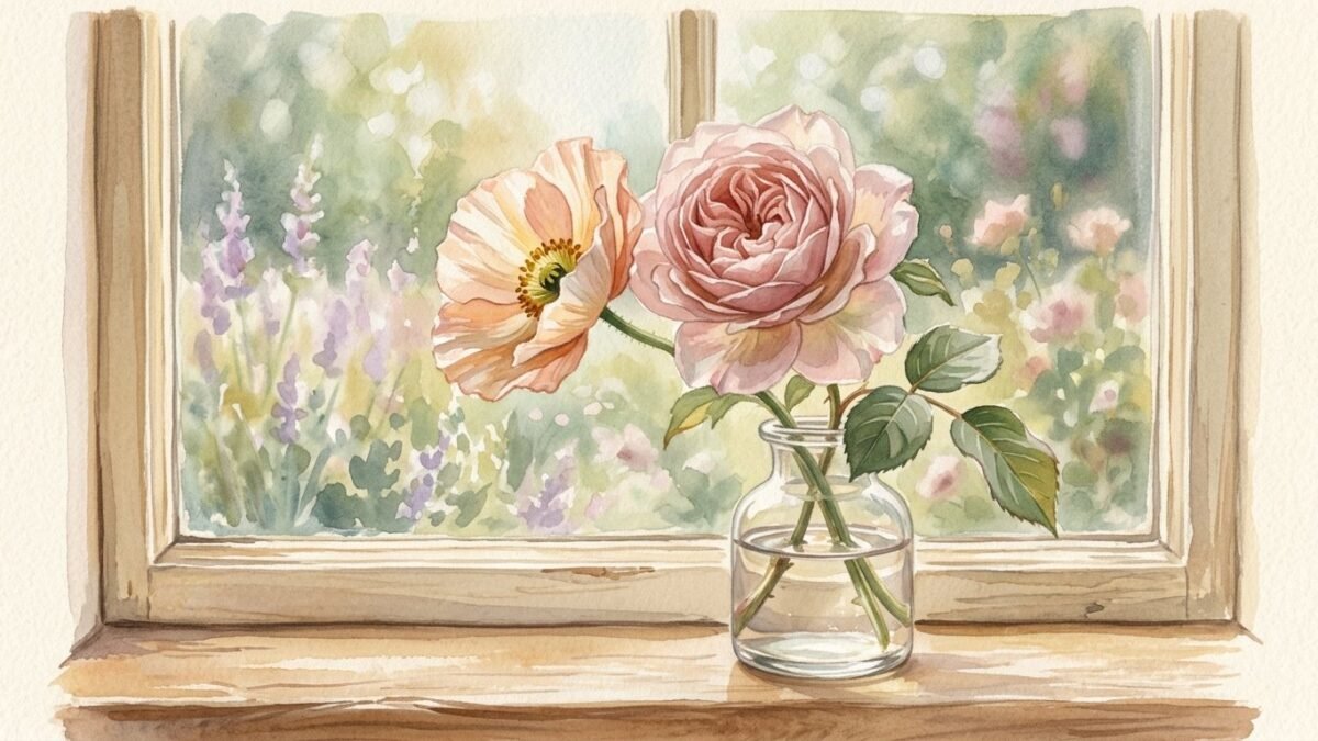A garden rose and a wild poppy leaning toward each other in a small glass vase on a windowsill, soft watercolour illustration