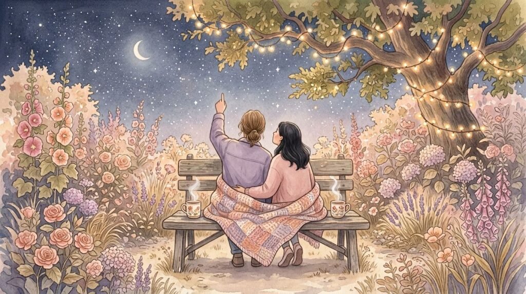 Two people on a garden bench under fairy lights, one pointing at the stars, a shared blanket over their knees, soft watercolour illustration