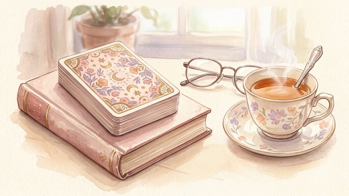 A tarot deck resting on a closed book beside a pair of reading glasses and a cup of tea, clear daylight, soft watercolour illustration