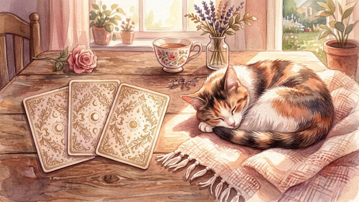 Three face down tarot cards on a table beside a sleeping cat curled in a patch of sunlight, soft watercolour illustration