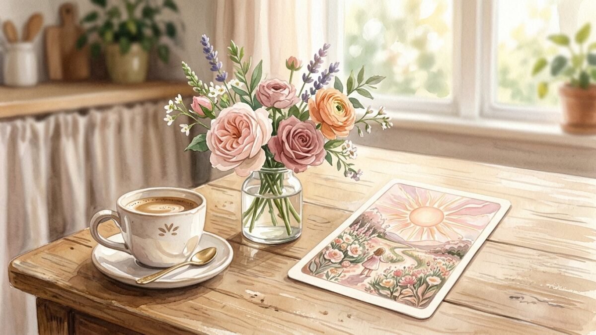 A single tarot card beside a cup of coffee and a small vase of flowers on a sunlit kitchen table, soft watercolour illustration