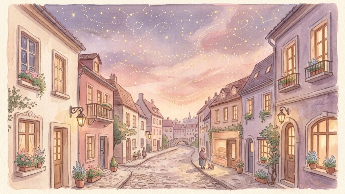 Tiny golden stars forming soft patterns in the sky above a quiet cobbled street at twilight, soft watercolour illustration