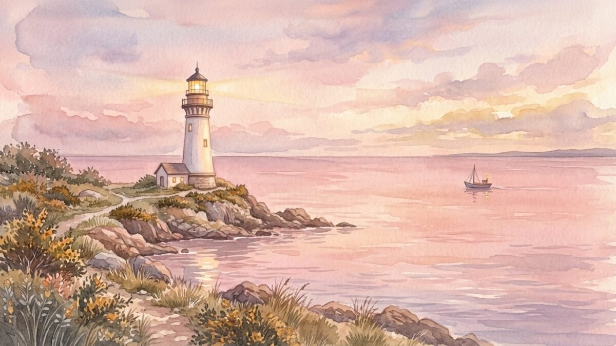 A lighthouse glowing over a calm pink sea with a small boat on the horizon, soft watercolour illustration