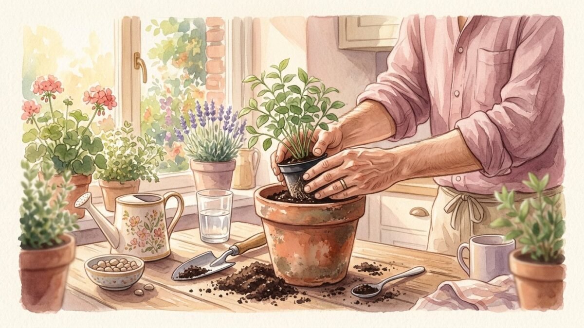 A man's hands gently repotting a small green plant into a larger terracotta pot at a sunny kitchen table, soft watercolour illustration