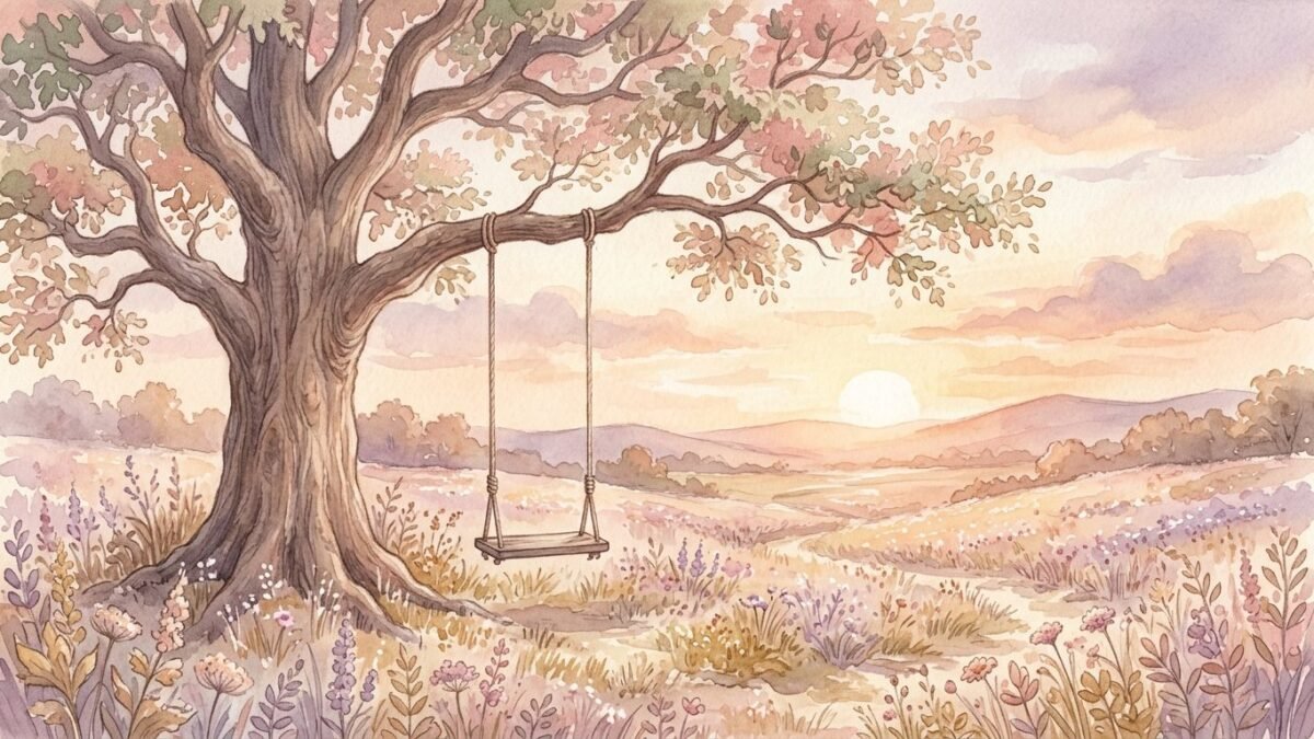 A wooden rope swing hanging still beneath a great oak tree in a quiet meadow at sunset, soft watercolour illustration