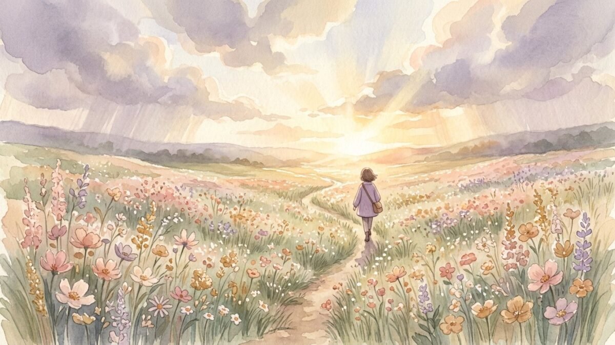 Sunlight breaking through clouds over a meadow of wildflowers, a small figure seen from behind walking into the light, soft watercolour illustration