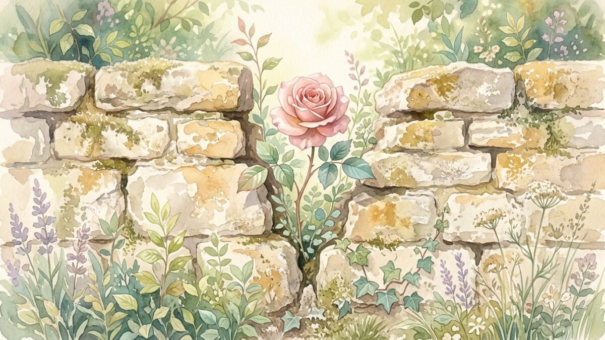 A single pink rose blooming through a crack in an old stone garden wall, spring sunlight and new leaves, soft watercolour illustration