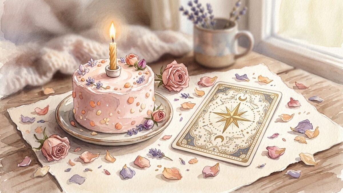 A small cake with a single lit candle beside one tarot card with a star on its back, soft watercolour illustration